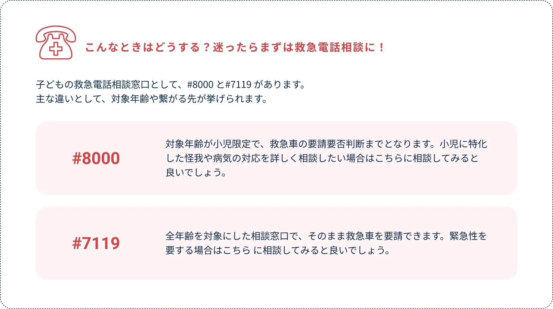 救急電話相談の案内。#8000（小児限定）と#7119（全年齢対象）の違いを解説。