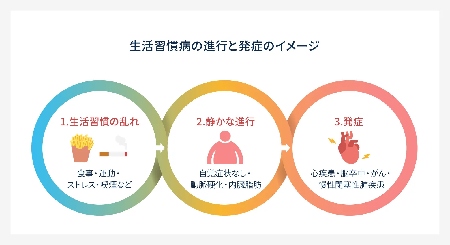生活習慣病の進行と発症のイメージ図。①生活習慣の乱れ（食事・運動・ストレス・喫煙など）→②静かな進行（自覚症状なし・動脈硬化・内臓脂肪）→③発症（心疾患・脳卒中・がん・慢性閉塞性肺疾患）