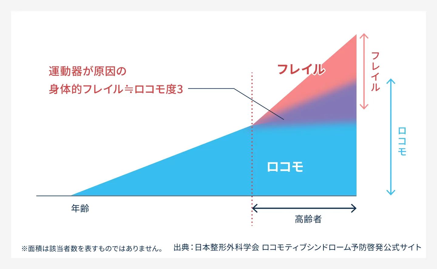 ロコモとフレイルの関係図。年齢とともにロコモ（青）が増加し、高齢者になるとフレイル（赤）が重なる。運動器が原因の身体的フレイル≒ロコモ度3。